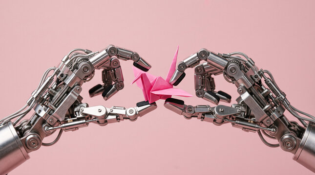 Robotic hands holding a delicate pink paper crane on a soft pastel background