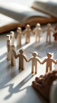 Close up of small wooden figures holding hands in a circle around an open Bible on a bright clean surface soft natural light unity faith prayer community symbol