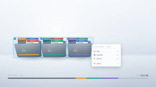 File deletion animation with folders selected and shattered into pixels freeing disk storage