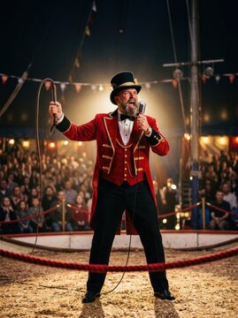 A bearded mature male ringmaster in a red tailcoat leads a circus show with a whip and microphone.