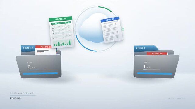 Two way cloud sync animation with files moving between device folders in both directions