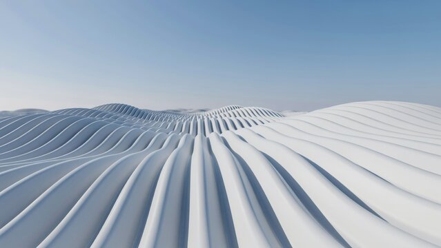 Abstract white architectural pattern with fluted ridges sweeping into the distance under a blue sky