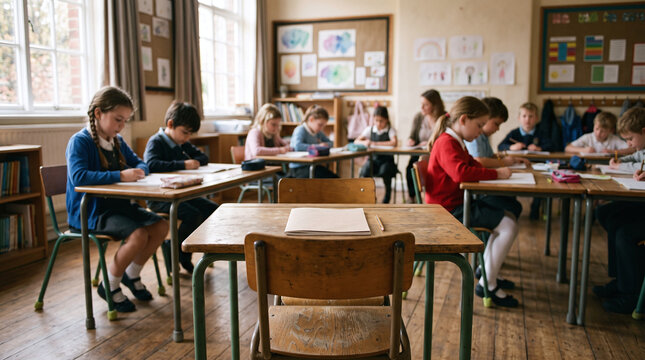 Empty school desk in classroom with children in background