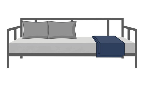 Minimalist metal daybed with grey pillows and navy throw on white background, modern furniture design concept