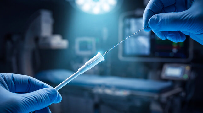 Surgeon inserting guidewire into catheter sheath during minimally invasive medical procedure