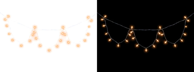 Obraz premium Hanging String Lights Overlay with Warm Golden Glowing Mini Bulbs on Black Background