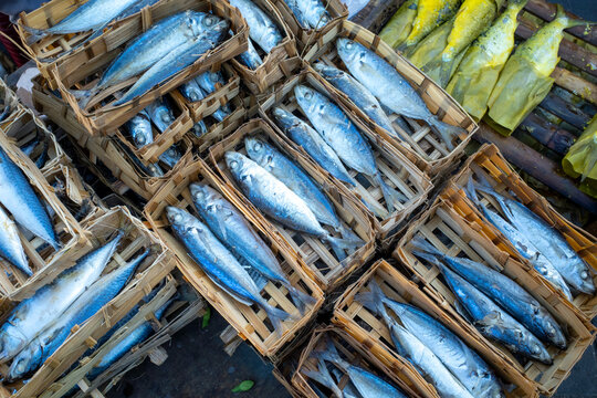 Ikan Pindang or salted fish in bamboo packaging on traditional market, in Yogyakarta, Indonesia