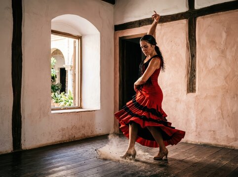 Flamenco dancer in a rustic room with dramatic red dress