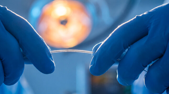 Surgeon hands holding medical catheter guide wire in a sterile operating room environment.