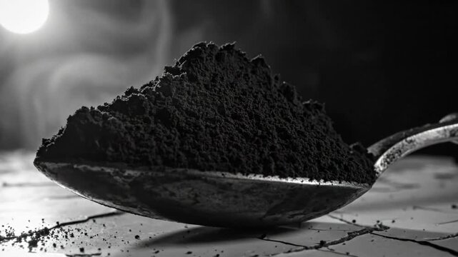 Black and white close up of a silver spoon holding a pile of black powder with smoke against a dark background.