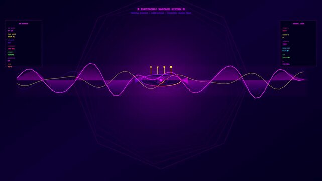 A detailed defence telemetry display shows shifting purple frequency waves flowing through a digital grid pattern on a dark screen representing complex signal monitoring activity
