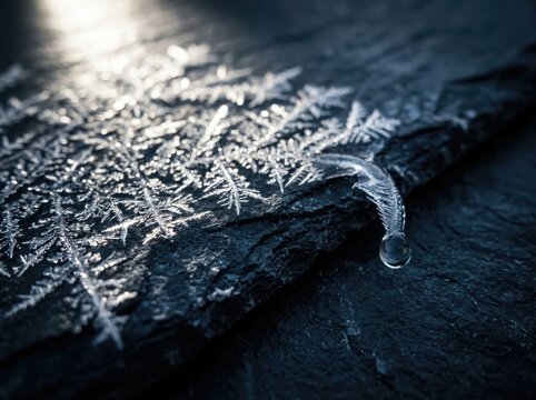 Hoarfrost crystals on dark stone with melting water droplet in winter light