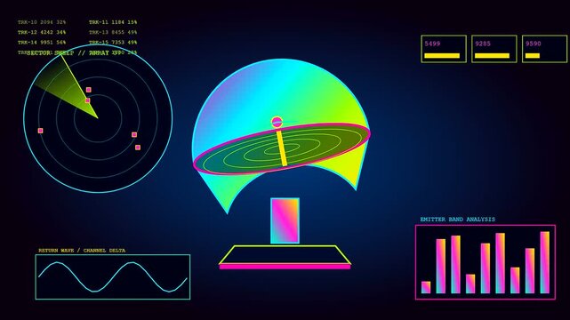A complex defence telemetry interface displays radar tracking systems with rotating sensors and shifting data graphs across a dark glowing digital monitor screen in real time