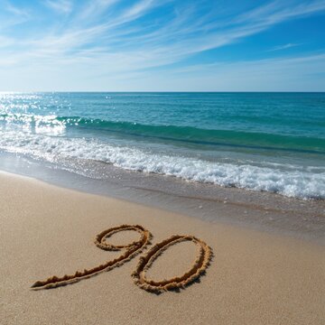 Number ninety drawn in smooth sand near gentle ocean waves under a clear blue sky on a sunny day at the beach with sparkling water reflections