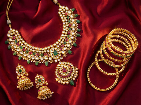 Traditional Indian Kundan jewelry set with ornate necklace, jhumka earrings and gemstone bangles arranged on deep red silk, showcasing Rajasthan craftsmanship and bridal luxury
