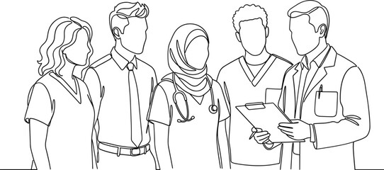 Obraz premium Line art illustration of a diverse medical team reviewing notes together.