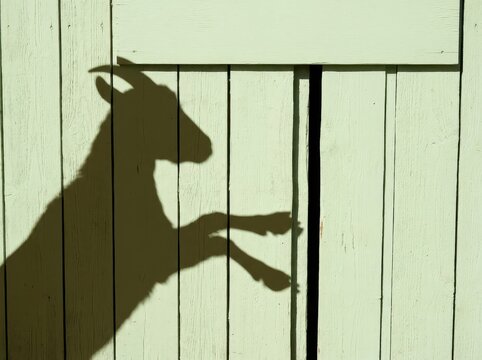 Goat Shadow on Weathered Wooden Fence in Sunlight
