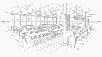 Fototapeta premium Cafeteria interior is depicted through an architectural line drawing, featuring long communal tables with benches, a serving line, and large windows.