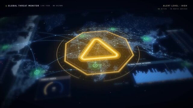 Security alert cleared animation on global route map with red warning sign turning green