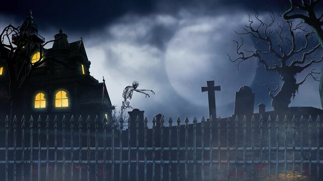 Haunted Mansion Skeleton Ghost Moon 4k Loop features a scene with a mansion and small cemetery with a full moon and moving clouds and walking skeleton and a ghost flying forward at the end in a loop.