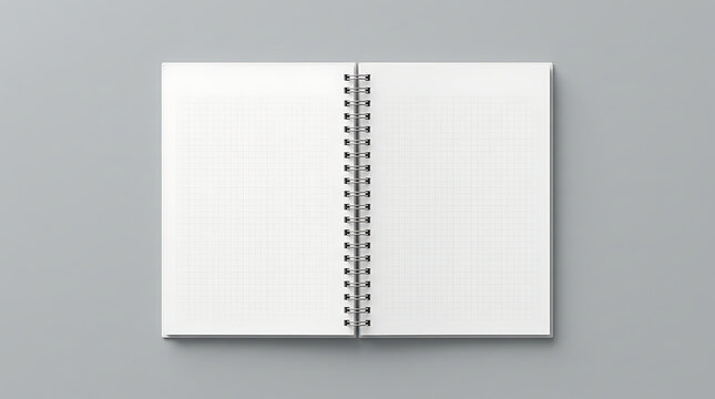 Open Blank Grid Notebook With Spiral Binding On A Plain Gray Background, Top Down View