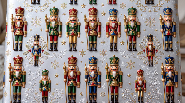 luxurious three dimensional christmas wrapping paper pattern showing intricately carved wooden nutcrackers coated in glossy lacquer and sparkling gold trim on a frosty silver surface