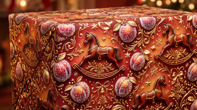 luxurious three dimensional christmas wrapping paper pattern with polished mahogany rocking horses metallic gold accents and glistening sugar plums over a warm glowing crimson surface