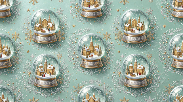 luxurious three dimensional christmas wrapping paper pattern showing intricate crystal snow globes featuring tiny golden villages and floating silver glitter on a frosty mint canvas