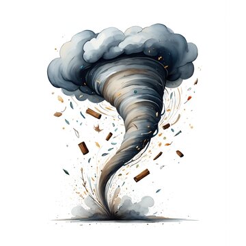 Tornado vortex with flying debris and storm clouds for climate change and natural disaster.