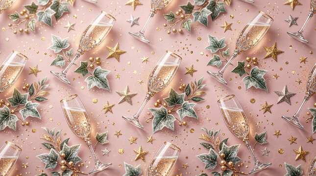 luxurious three dimensional christmas wrapping paper pattern of floating champagne flutes sparkling gold confetti glittering stars and frosted ivy leaves on a soft blush pink surface