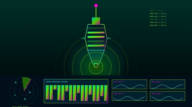 Digital displays showing complex defence telemetry data with animated wave patterns and graphical cross section slices tracking glowing vertical structures on a dark blue luminous interface
