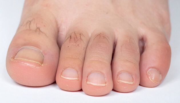 Human foot close up showing toes skin texture and hair in a high resolution macro shot on white isolated background