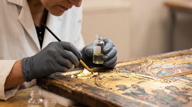 A skilled conservator meticulously restores an ancient gilded artwork, applying delicate touches with a brush and conservation fluid.