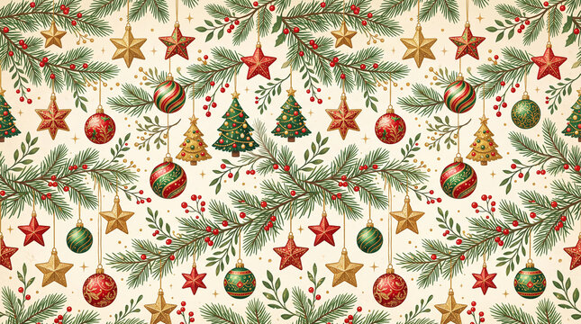 ornaments of various shapes including stars balls and trees hanging from branches with berries and pine needles repeating pattern design for elegant christmas gift wrapping paper