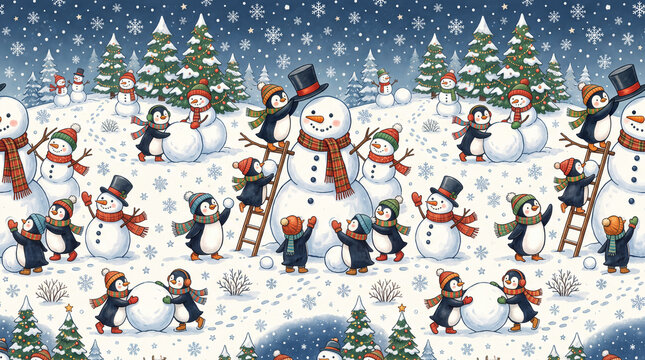 jolly snowmen and penguins building a giant snowman together in a snowy field with trees and falling snowflakes repeating pattern design for whimsical christmas wrapping paper