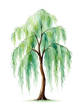 Watercolor weeping willow tree with flowing soft green foliage for artistic landscaping.
