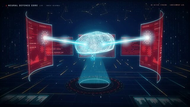 Holographic brain in cyber defense command room with red malware alert screens and data beams