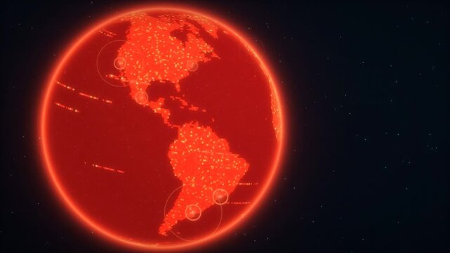 Red digital globe rotating with glowing alert hotspots on dark starfield and copy space