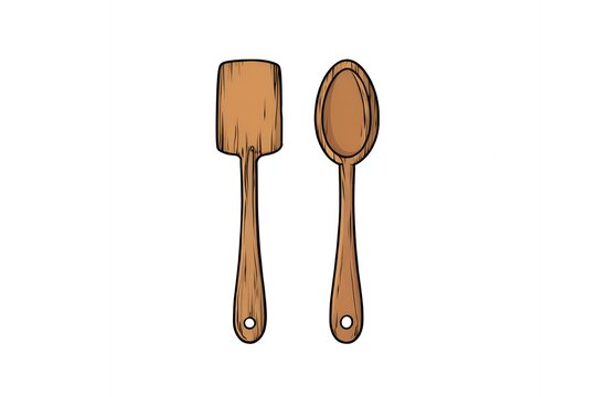 Wooden cooking utensils like flat spatula and soup spoon for home kitchen food mixing.
