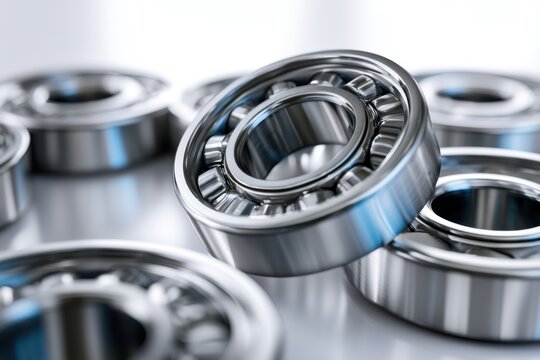 Shiny metallic ball bearings arranged on a reflective surface with one bearing elevated, highlighting industrial machinery components and engineering precision