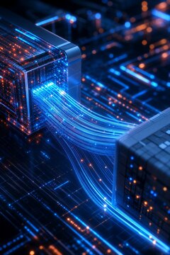 Futuristic Digital Data Stream Visualization with Network Connections and Data Flow for Advanced AI and Information Processing Systems.