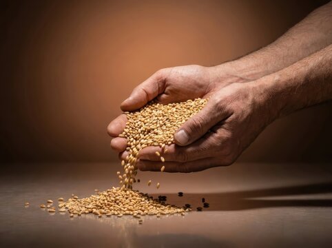 Warm hands pour golden wheat grain on a table
