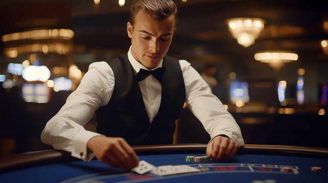 Casino dealer adeptly manages poker chips and cards at a gaming table, exuding elegance in a black vest. The warm lighting creates a luxurious atmosphere. Image made using Generative AI.
