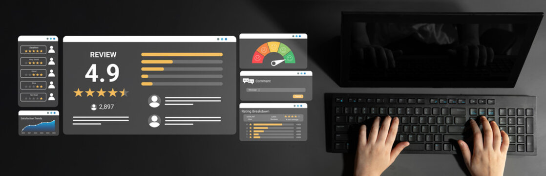 Digital workspace featuring hands typing on a keyboard with analytical dashboard displaying user review ratings and performance metrics for decision-making and evaluation. Ledger