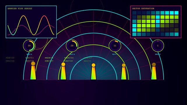 Complex defence telemetry monitoring screen displays changing digital waveforms and numerical data sets during a sequence of simulated tactical system operations within a dark interface environment
