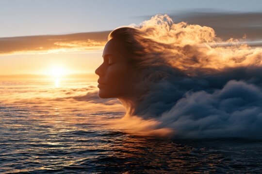 Surreal conceptual image of a serene woman's face blending into vibrant clouds over a vast ocean at sunset, symbolizing peace and unity with nature