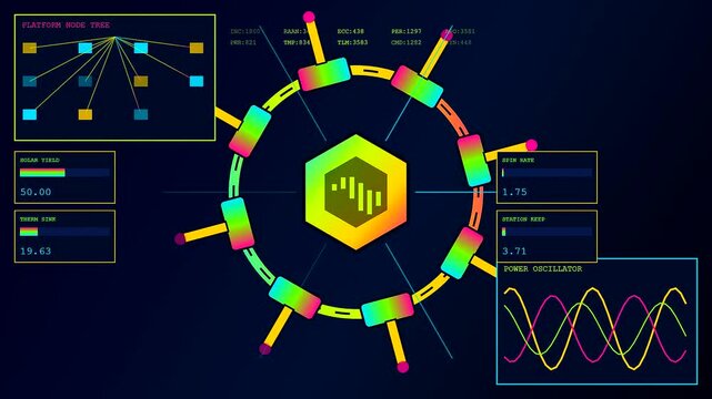 A digital defence telemetry interface displays complex cycling data metrics within a vibrant glowing circular network module consisting of three repeating motion sequence panels for analysis