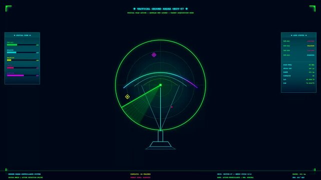 Digital defence telemetry interface displaying rotating radar scans on a dark screen with glowing green circular grids and abstract data indicators in motion graphics
