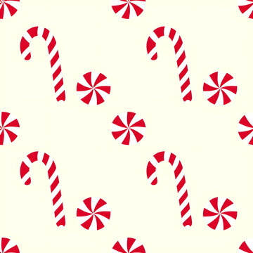Seamless pattern with red and white Christmas candy canes and peppermint sweets