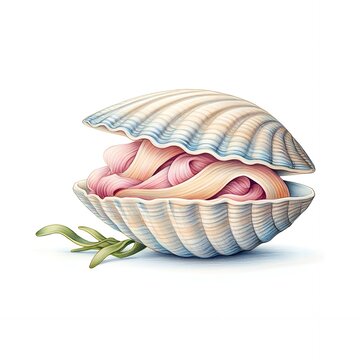 Scallop shell open textured design internal soft pink folds marine nature life element.